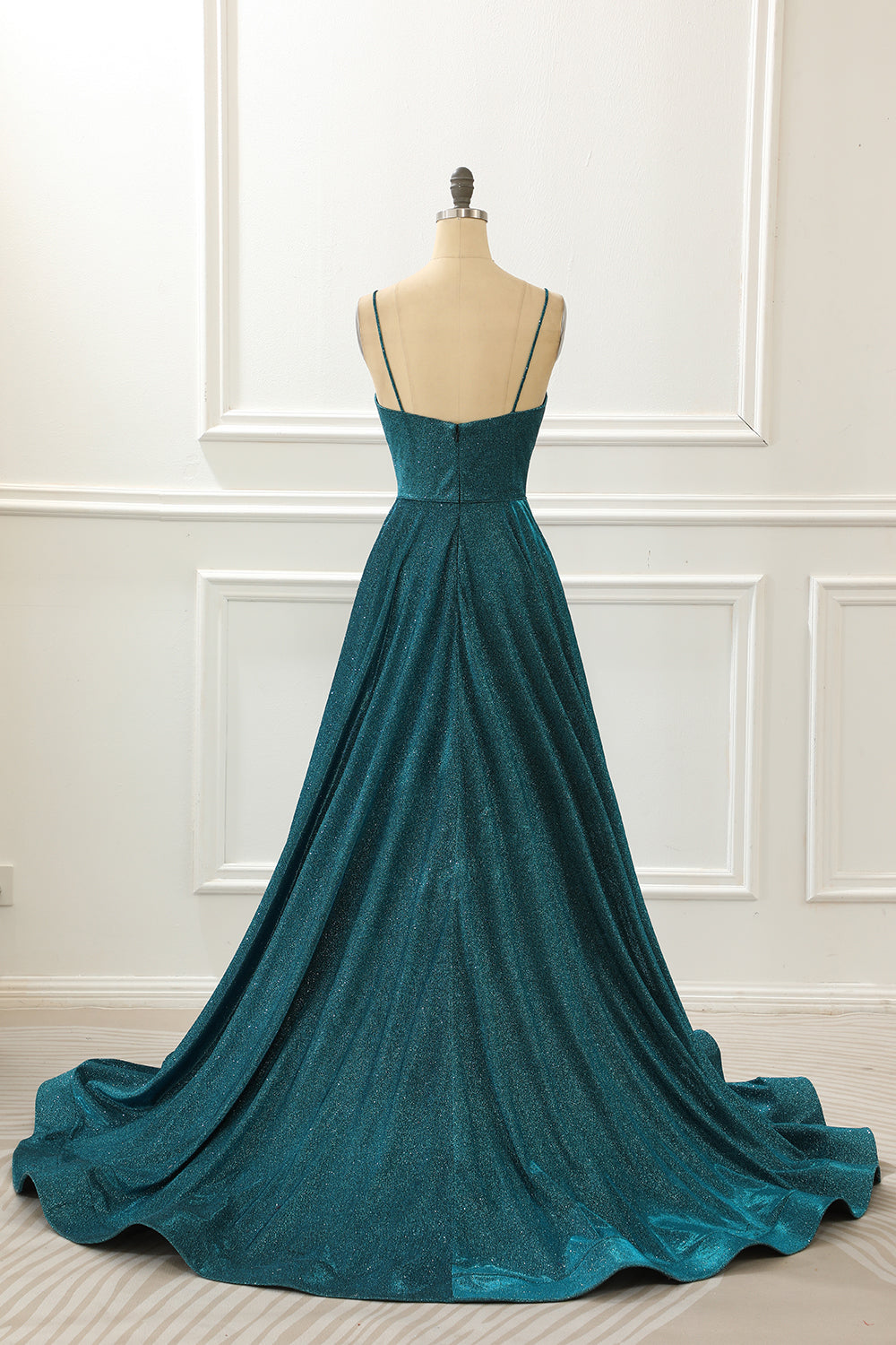 Spaghetti Straps Blue Long Sparkly Prom Dress V-neck Sexy Beautiful