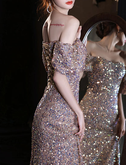 Mermaid / Trumpet Prom Dresses Elegant Dress Wedding Guest Prom Floor Length Short Sleeve Sweetheart Lace with Sequin Sparkly Evening Dress