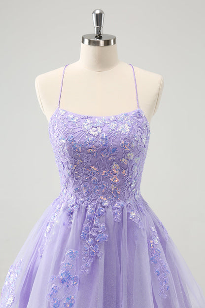 Sparkly Lilac A Line Spaghetti Straps Sequin Short Homecoming Dress with Lace Up Back Beautiful