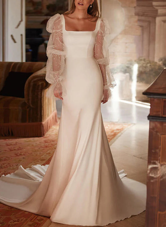 Lace Trumpet/Mermaid Square Neckline Elastic Satin Wedding Dresses Long Sleeves Elegant