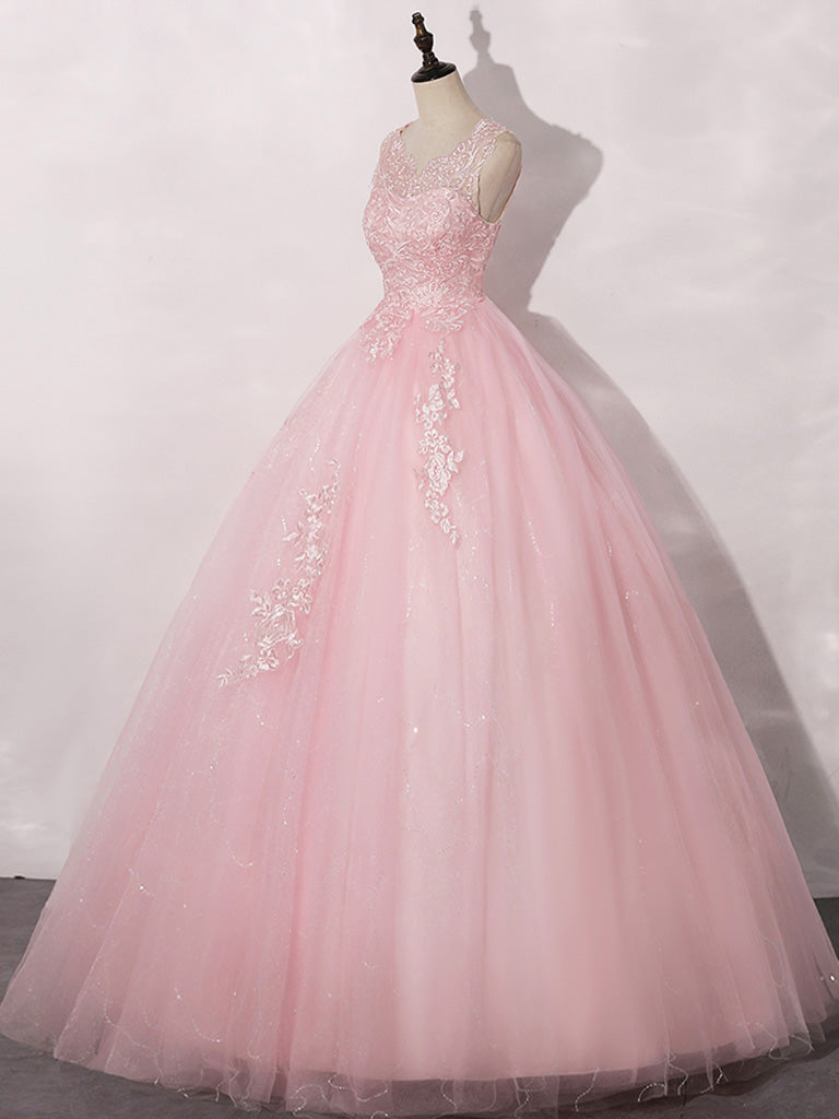 A-Line Round Neck Tulle Lace Pink Long Prom Dress Formal Dress Sleeveless with Appliques
