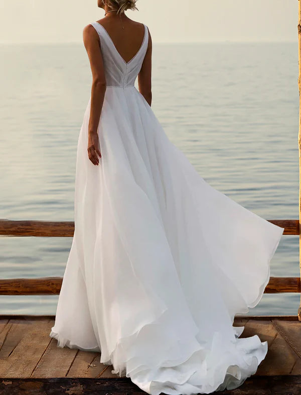 Beach Boho Wedding Dresses A-Line V Neck Sleeveless Court Train Chiffon Bridal Gowns With Split Front