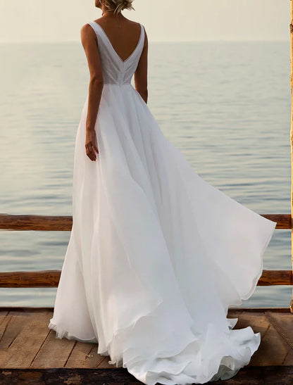 Beach Boho Wedding Dresses A-Line V Neck Sleeveless Court Train Chiffon Bridal Gowns With Split Front