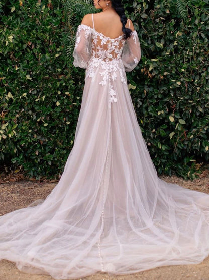 Elegant long sleeves tulle lace long prom dress evening dress with Appliques