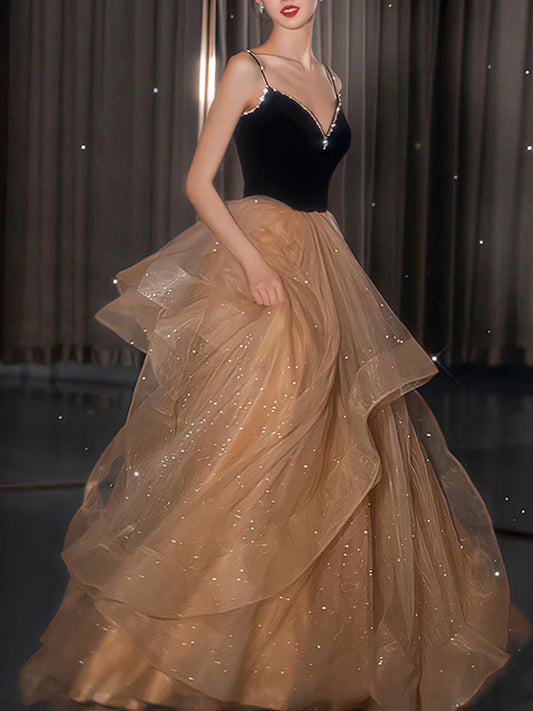 Champagne v neck tulle long prom dress formal graduation dress Sparkly Evening Dress