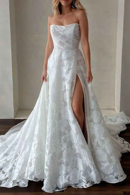 Ivory Wedding Dress Strapless Lace A Line Bridal Dress With Sweep Train And Slit Off Shoulder