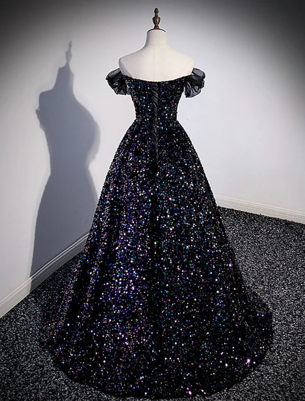 Ball Gown Prom Dresses Sparkle & Shine Dress Wedding Guest Birthday Court Train Sleeveless Off Shoulder Sequined