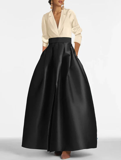 A-Line Evening Gown Elegant Dress Wedding Black Tie Floor Length Long Sleeve V Neck Fall Wedding Guest Satin with Ruched Pocket Fashion