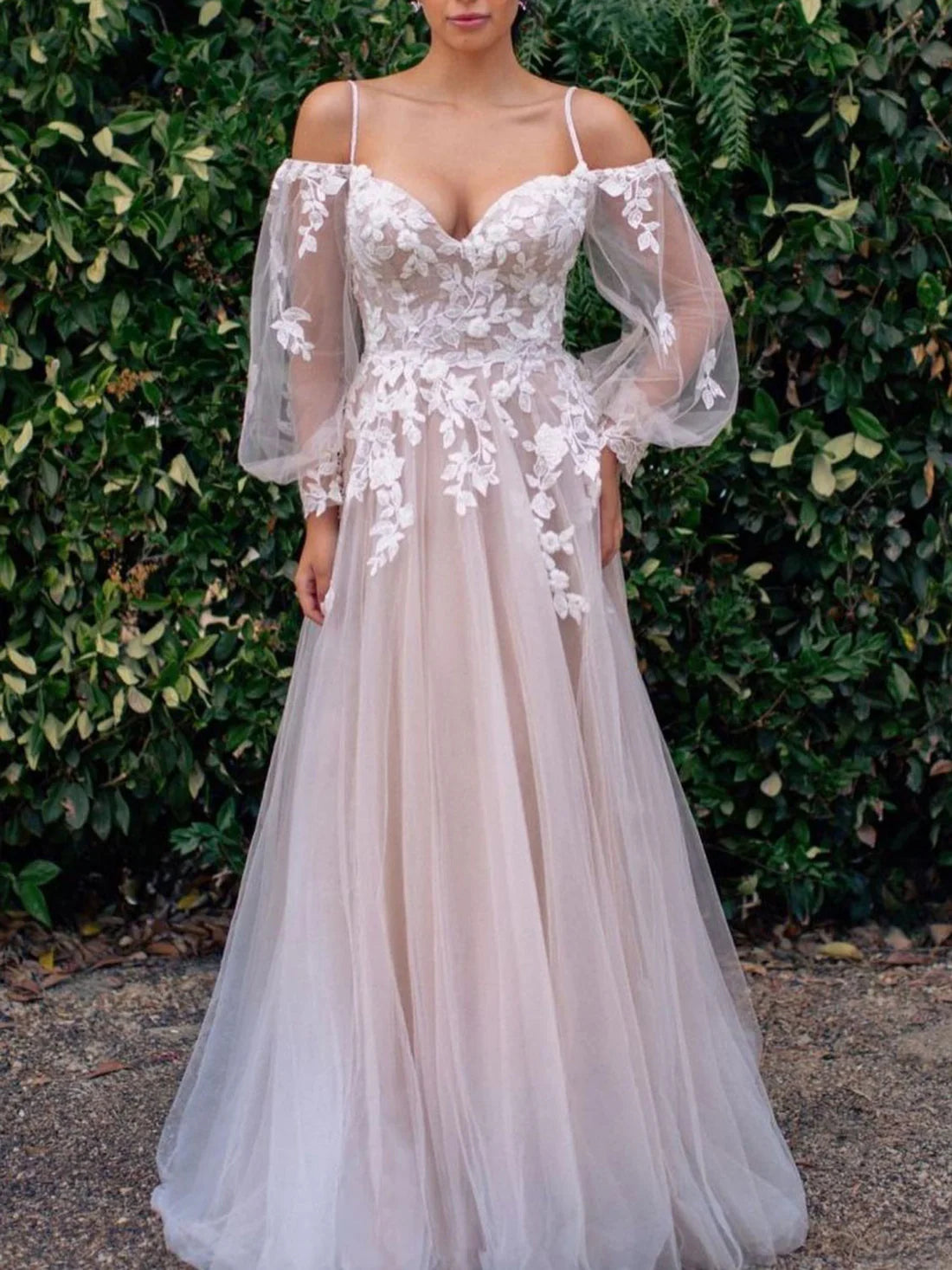 Elegant long sleeves tulle lace long prom dress evening dress with Appliques