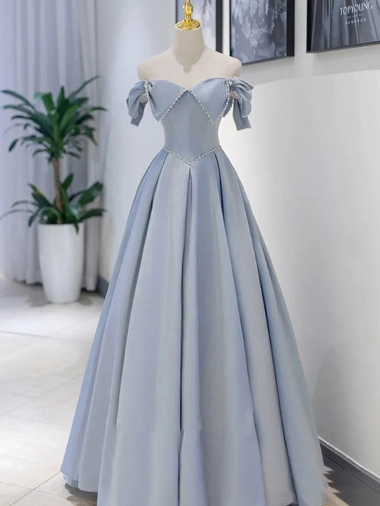 Blue Satin long prom dress A line bridesmaid dress Off Shoulder Elegant Evening Dress Formal Dress