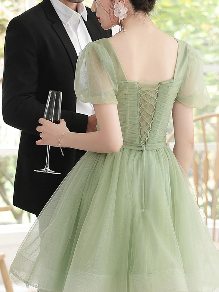 Green Tulle Short Prom Dress Homecoming Dress Short Sleeves Formal Dress Lovely Party Dress