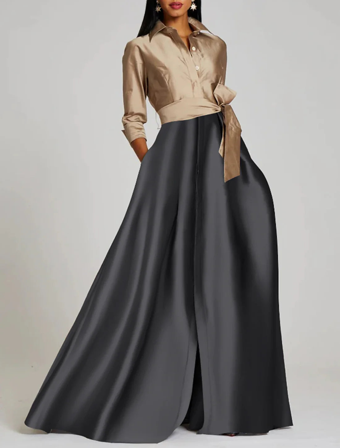 A-Line Evening Gown Elegant Dress Formal Floor Length 3/4 Length Sleeve Shirt Collar Satin with Slit Strappy Fashion