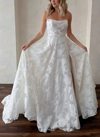 Ivory Wedding Dress Strapless Lace A Line Bridal Dress With Sweep Train And Slit Off Shoulder