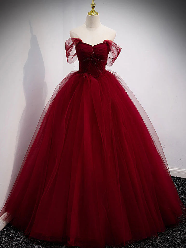 Simple burgundy tulle sequin long prom dress evening dress A Line Formal Dress december wedding guest dress
