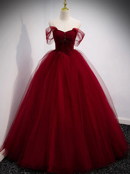 Simple burgundy tulle sequin long prom dress evening dress A Line Formal Dress december wedding guest dress