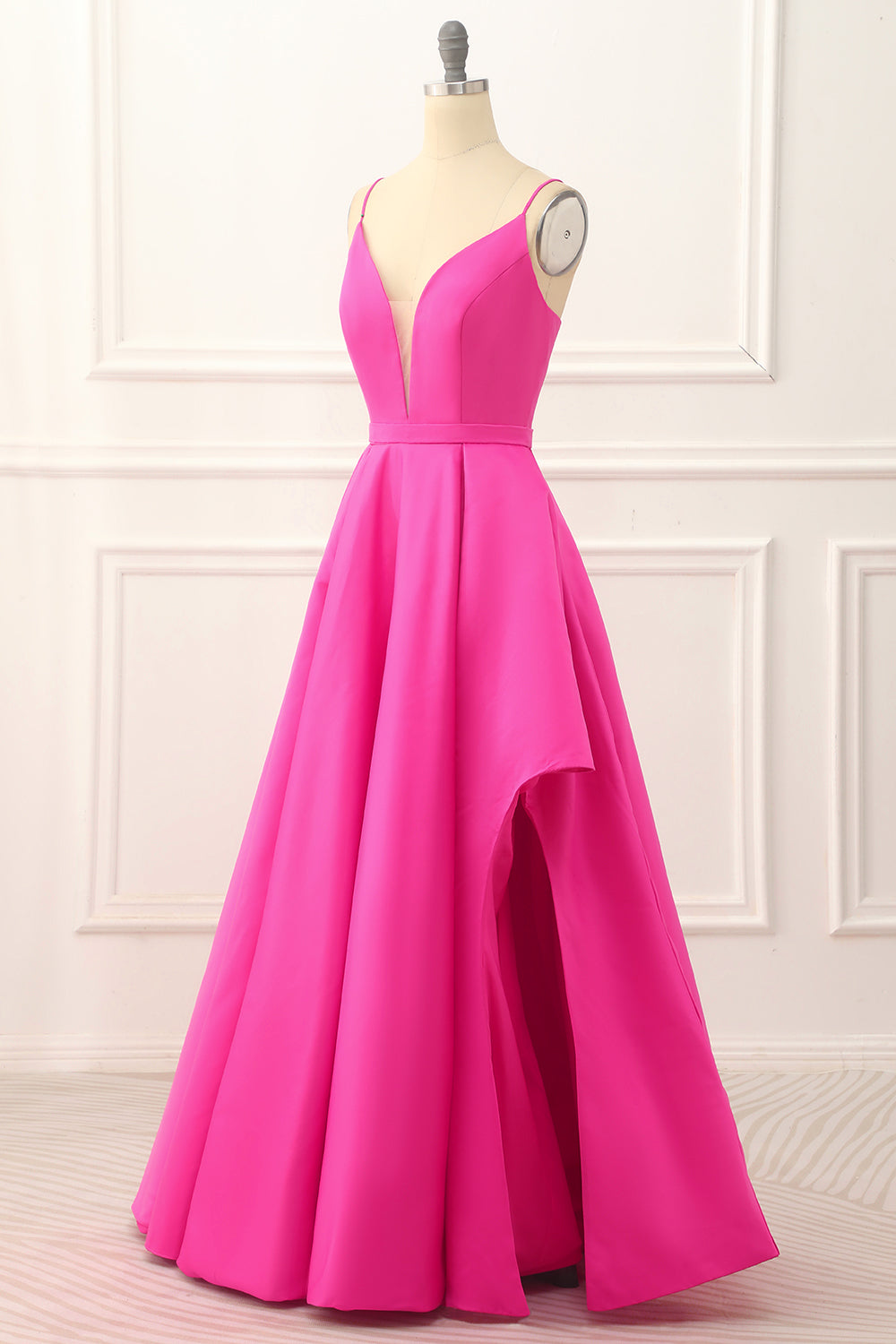 Hot Pink A-Line Satin Prom Dress With Slit Floor Length Solid Color Sexy