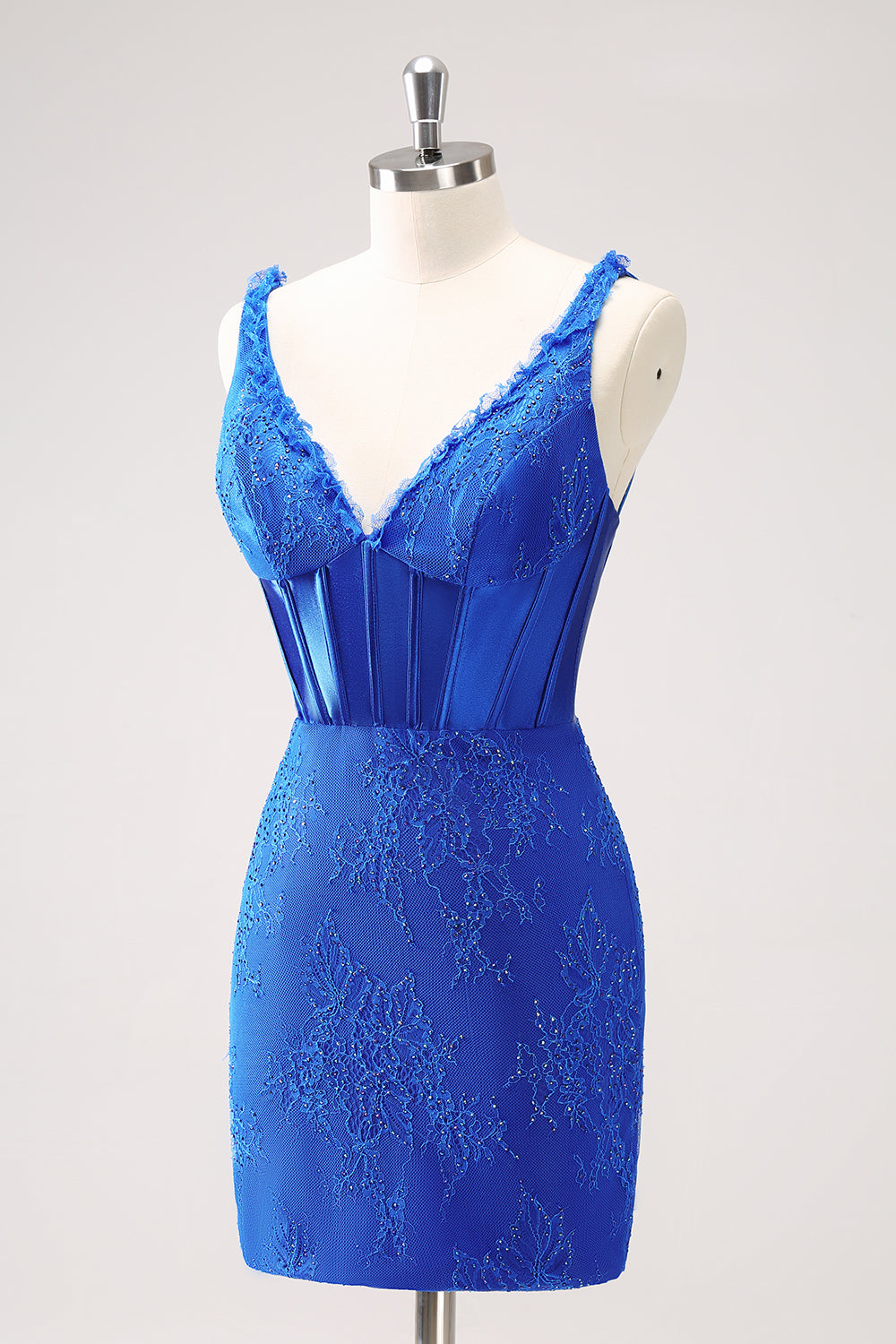 Sparkly Royal Blue Bodycon V Neck Beaded Corset Ruched Homecoming Dress with Lace Up Back Short