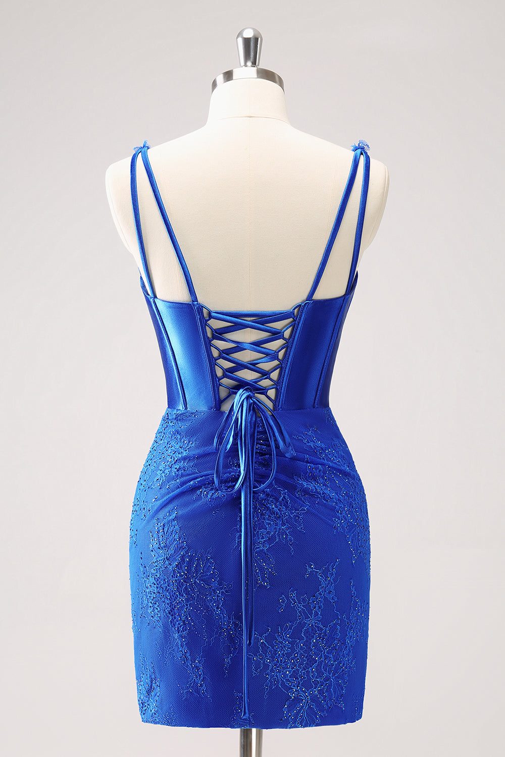 Sparkly Royal Blue Bodycon V Neck Beaded Corset Ruched Homecoming Dress with Lace Up Back Short