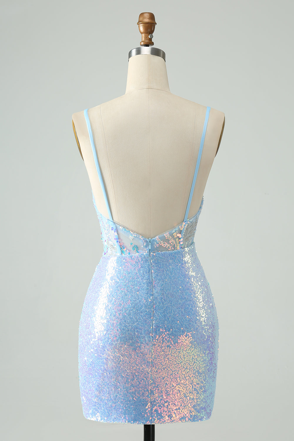 Glitter Light Blue Tight Spaghetti Straps Corset Short Homecoming Dress with Sequins Sparkly