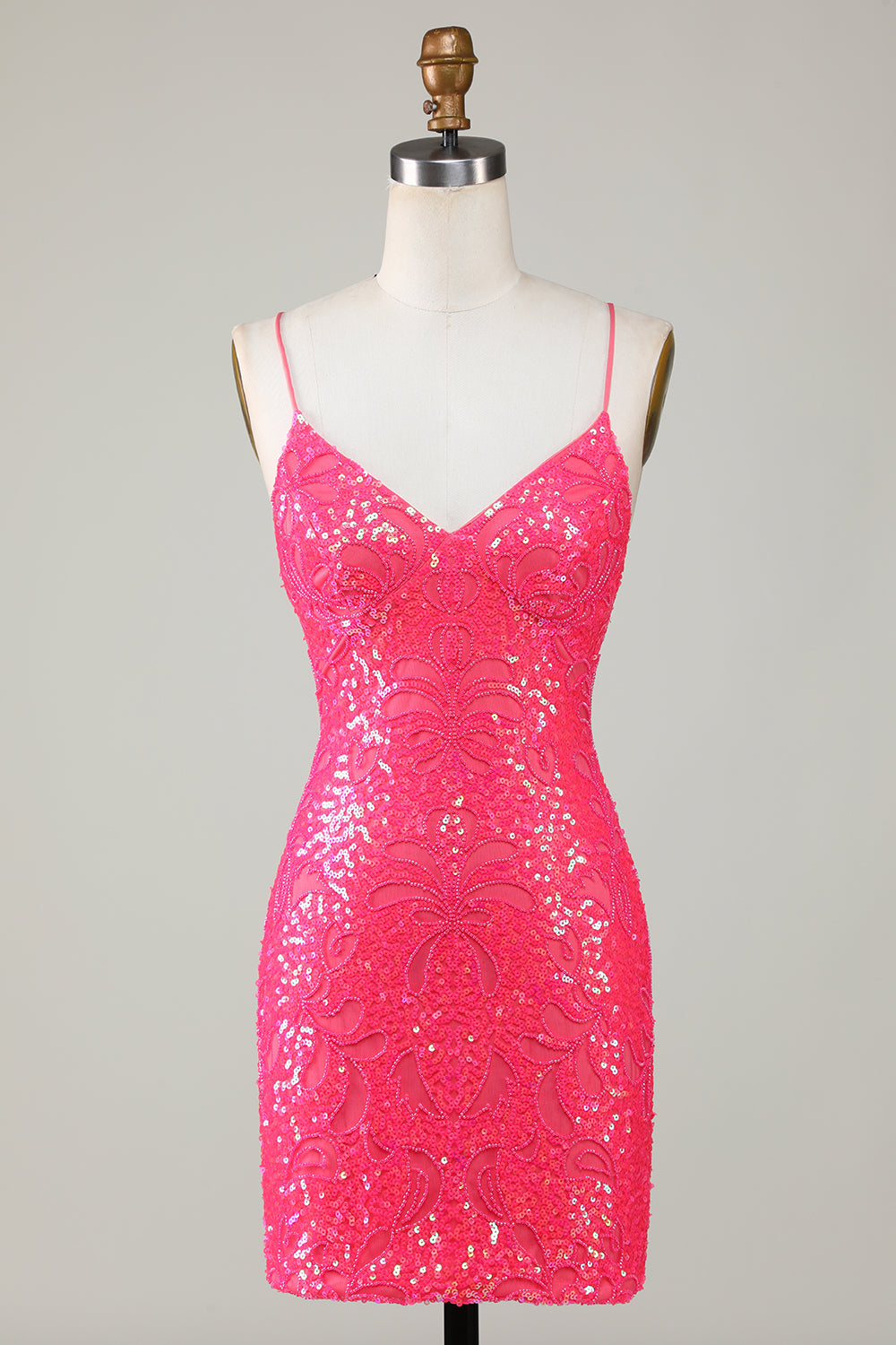 Sparkly Fuchsia Spaghetti Straps Beaded Tight Short Homecoming Dress Sexy