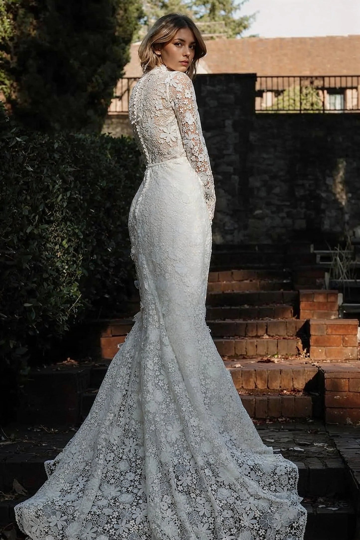 Lace Wedding Dress High Neck Tulle Appliques Bridal Dress With Sweep Train Long Sleeves Elegant