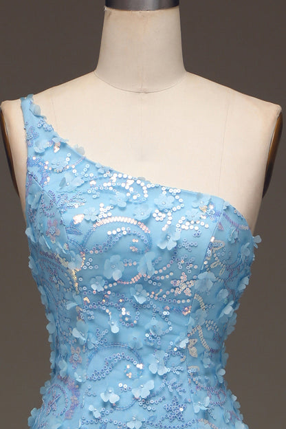 Sparkly Light Blue Mermaid Long Appliqued Prom Dress With Slit One Shoulder With Flowers