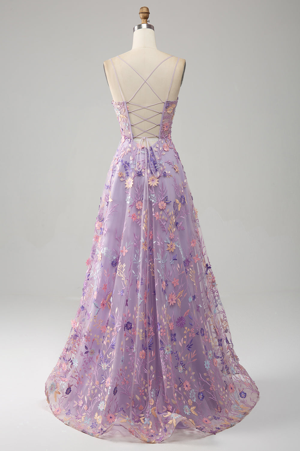 Light Purple A-Line Spaghetti Straps Long Prom Dress with Appliques Flowers