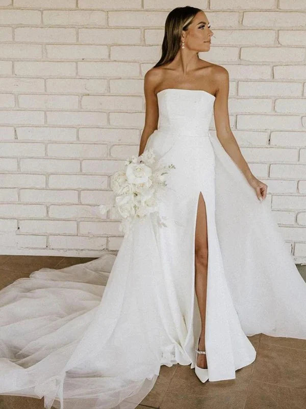 A-Line/Princess Stretch Crepe Ruched Strapless Sleeveless Cathedral Train Wedding Dresses With Slit