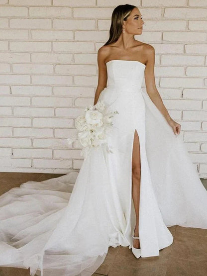 A-Line/Princess Stretch Crepe Ruched Strapless Sleeveless Cathedral Train Wedding Dresses With Slit