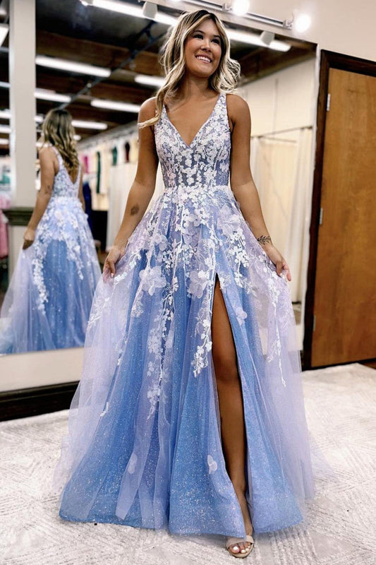 A Line Spaghetti Straps Light Blue Tulle Long Prom Dress With Slit V-neck Beautiful