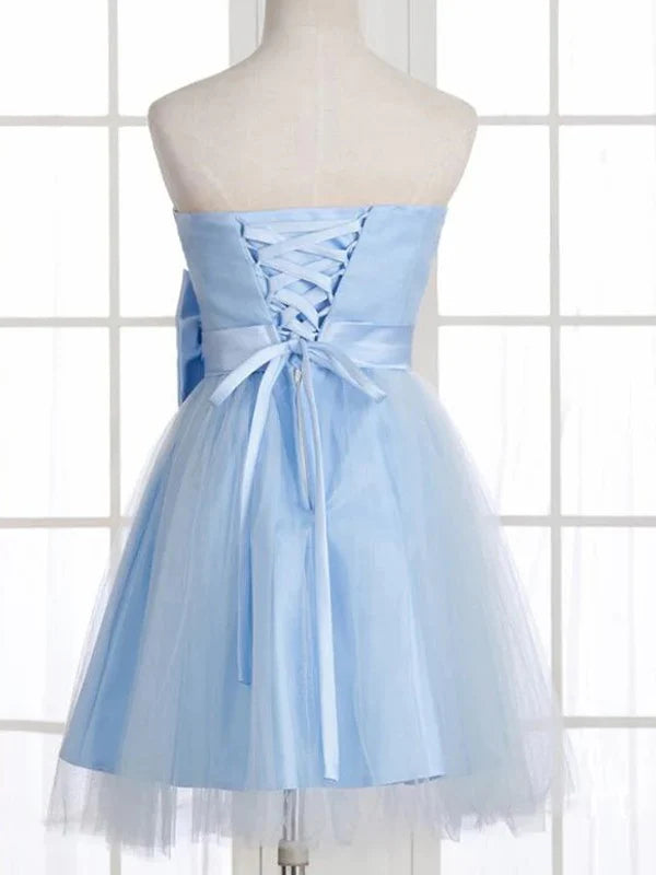 A-line skirt princess sheer bow sleeveless short Homecoming Dress Light Blue