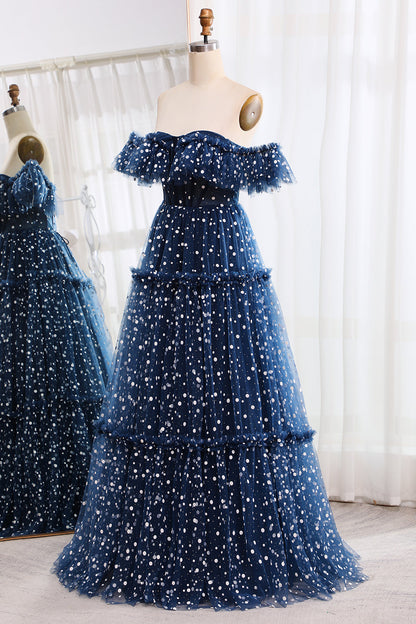 Navy Off The Shoulder Corset Long Tull Prom Dress Floor Length Beautiful