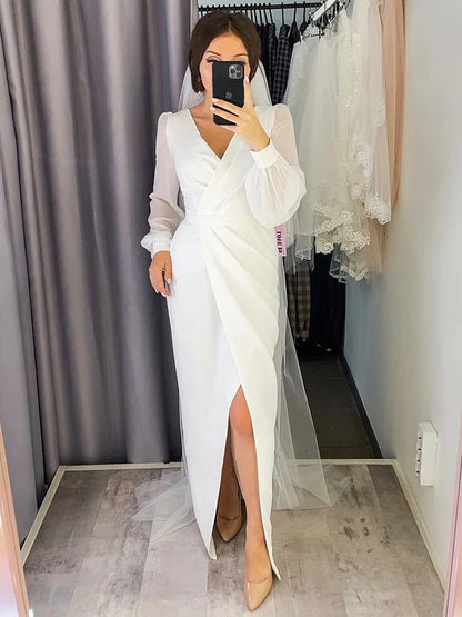 Sheath/Column Chiffon Ruched V-neck Long Sleeves Floor-Length Wedding Dresses With Slit