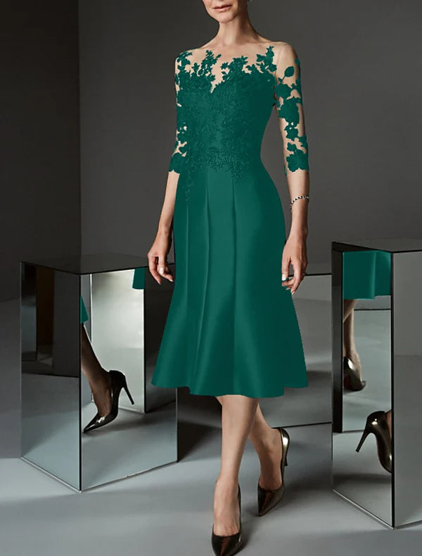 Mermaid / Trumpet Mother of the Bride Dress Wedding Guest See Through Bateau Neck Knee Length Satin Lace 3/4 Length Sleeve with Buttons Appliques Elegant