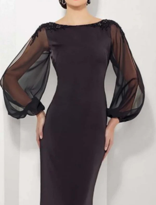 Mermaid / Trumpet Mother of the Bride Dress Elegant Jewel Neck Floor Length Satin Tulle Long Sleeve with Appliques Evening Dress