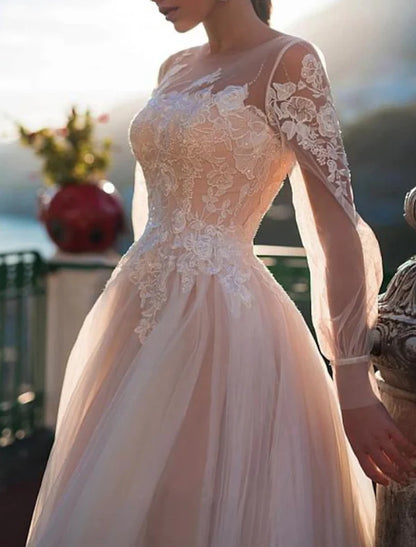 Beach Wedding Dresses in Color Wedding Dresses A-Line Illusion Neck Long Sleeve Sweep / Brush Train Lace Bridal Gowns With Appliques