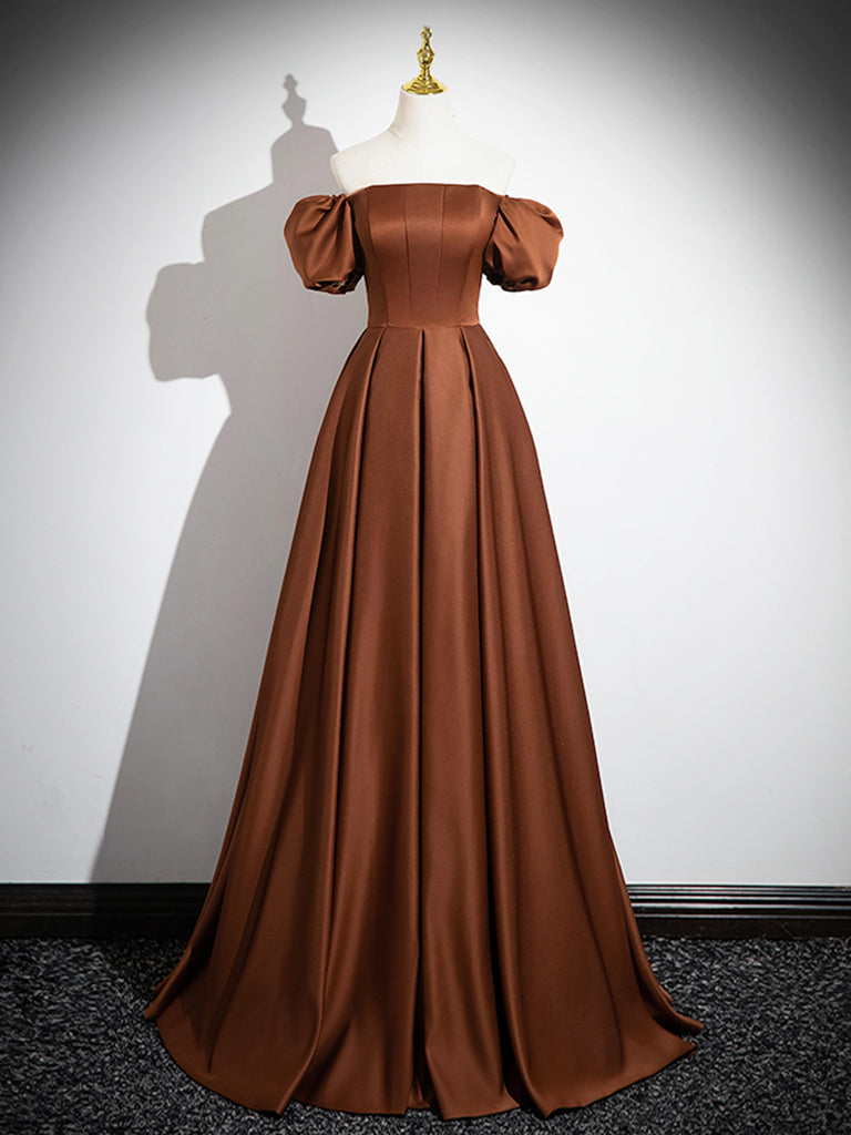 Simple Satin Brown Long Prom Dress Evening Dress Formal Dress Off Shoulder Elegant