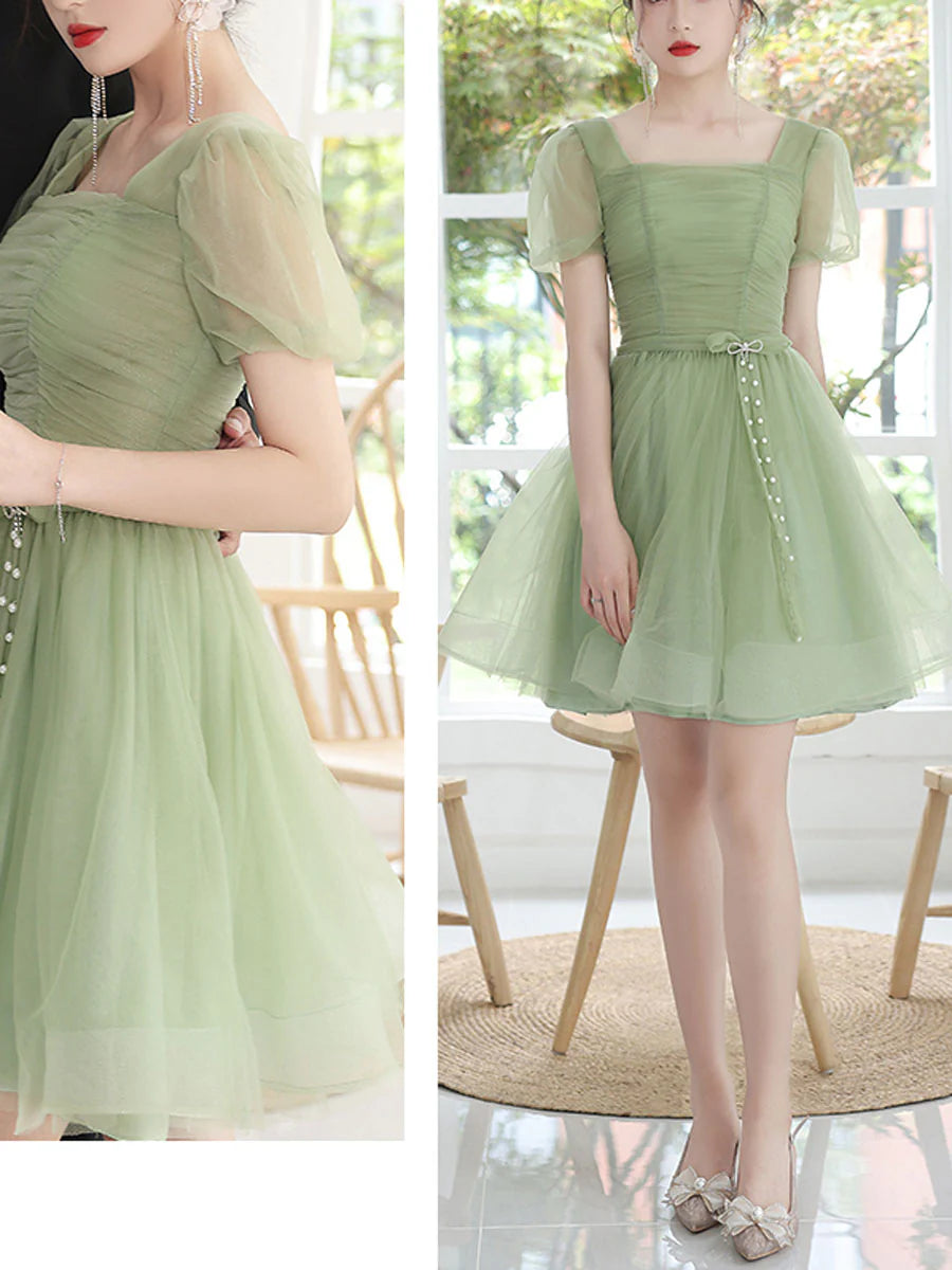 Green Tulle Short Prom Dress Homecoming Dress Short Sleeves Formal Dress Lovely Party Dress