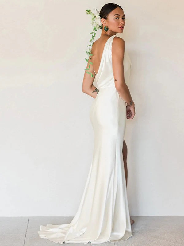 Sheath/Column Elastic Woven Satin Ruched Sleeveless Sweep/Brush Train Wedding Dresses With Slit