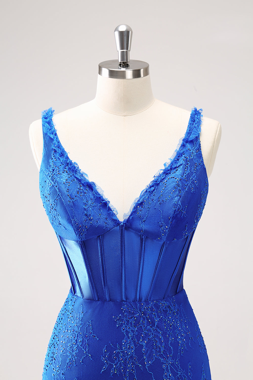 Sparkly Royal Blue Bodycon V Neck Beaded Corset Ruched Homecoming Dress with Lace Up Back Short