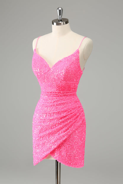 Chic Glitter Hot Pink Bodycon Spaghetti Straps Sequins Short Homecoming Dress Sparkly