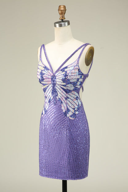 Sparkly Purple Sheath Sequins Short Homecoming Dress with Lace-Up Back Beautiful