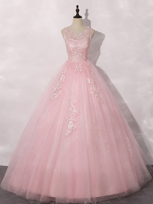 A-Line Round Neck Tulle Lace Pink Long Prom Dress Formal Dress Sleeveless with Appliques