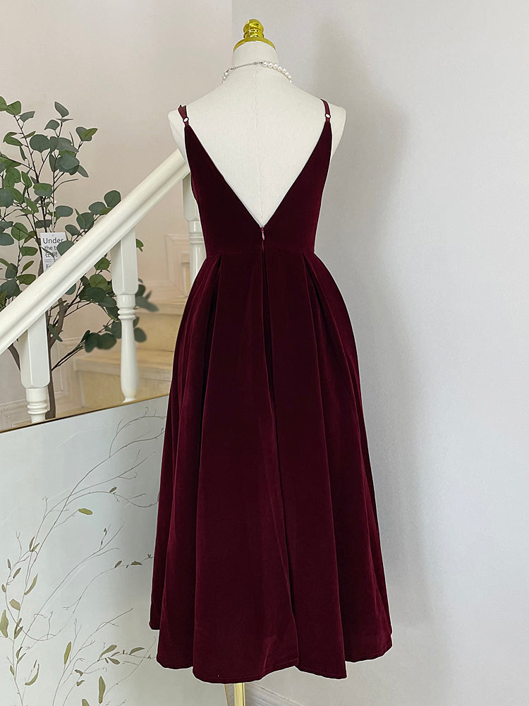 A-Line V Neck Sleeveless Velvet Prom Dress Formal Dress Solid Color Elegant Cocktail Dress