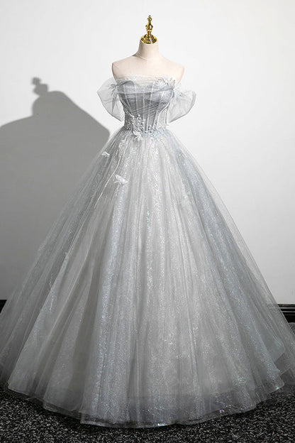 Gray A-Line Off the Shoulder Tulle Prom Dress Lovely Corset Floor Length Party Dress Beautiful