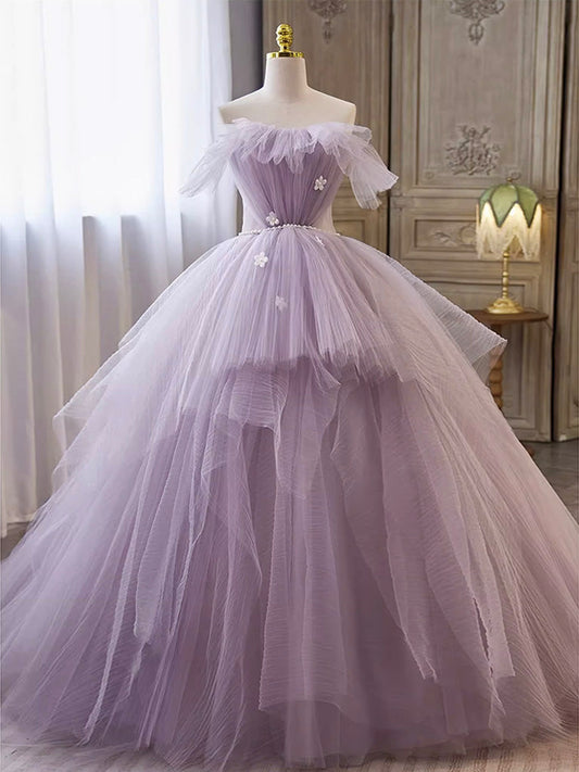 Light Purple A-line Tulle Long Prom Gown Formal Dress Off Shoulder Floor Length With Flowers