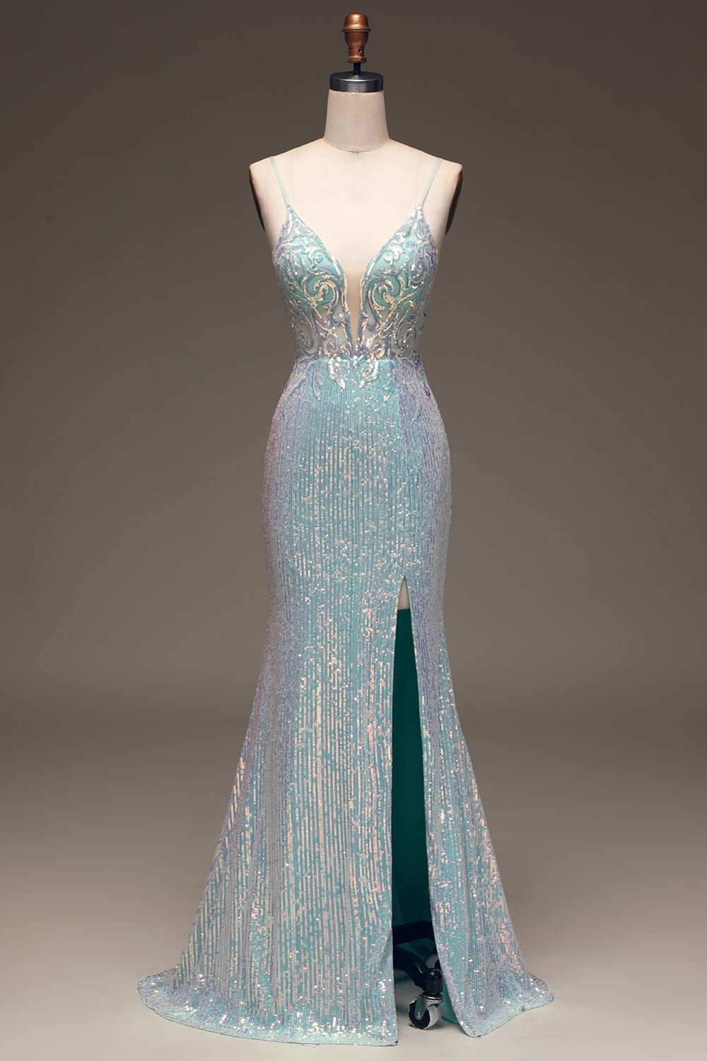 Mermaid Spaghetti Straps Grey Blue Prom Dress With Slit Sparkly Evening Dress
