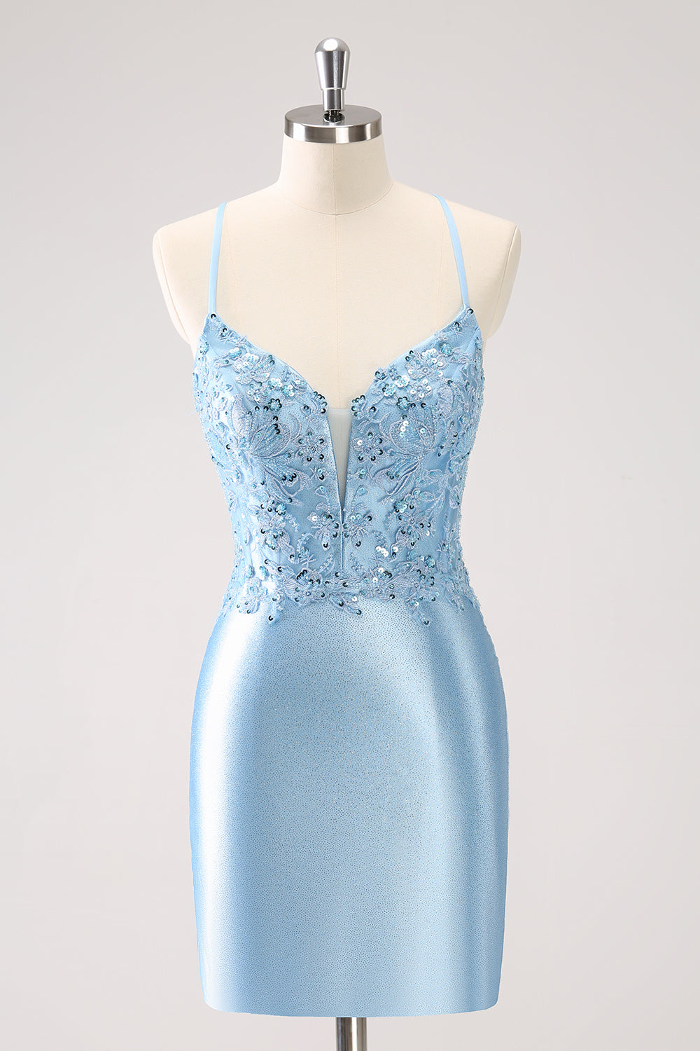 Blue Bodycon Lace Up Back Sequin Short Homecoming Dress with Appliques Sexy