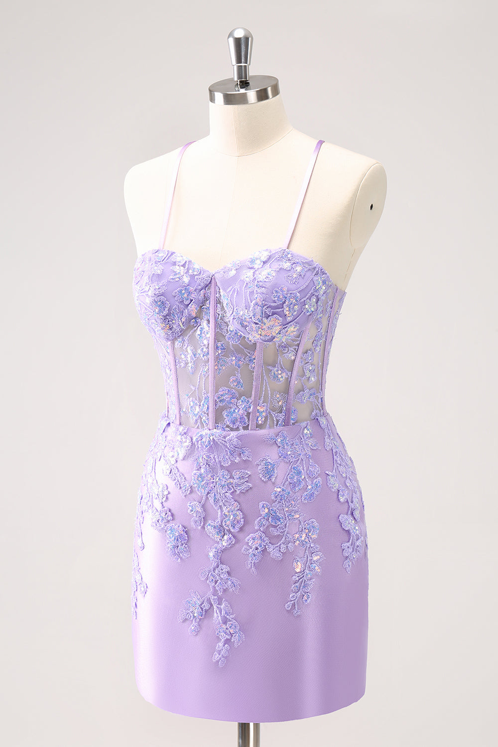 Sparkly Lilac Bodycon Spaghetti Straps Sequin Corset Homecoming Dress with Appliques Beautiful
