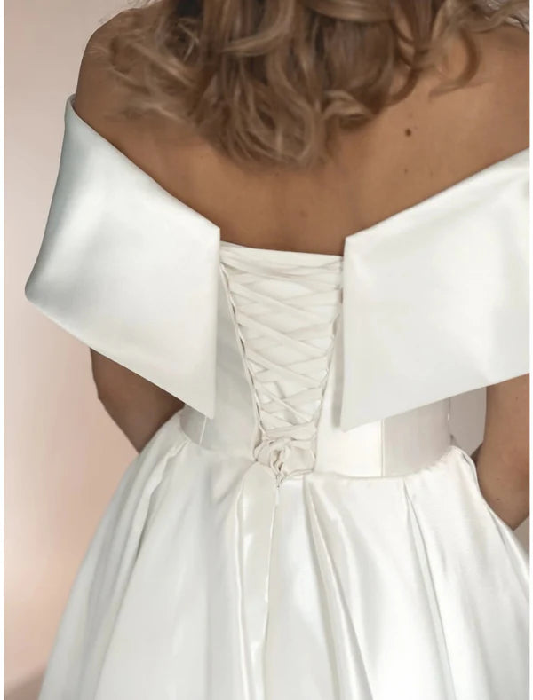 Casual Wedding Dresses A-Line Off Shoulder Short Sleeve Ankle Length Satin Bridal Gowns With Pleats